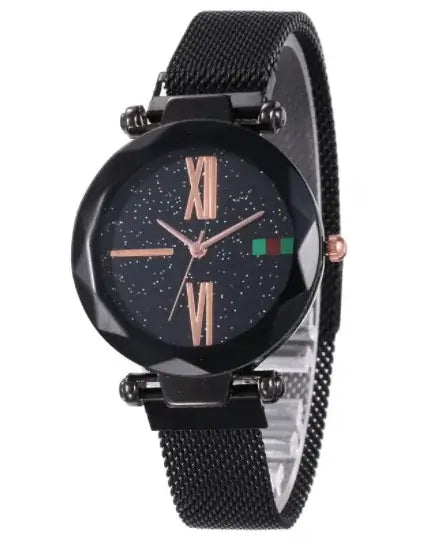 Galaxy Starsa Watch featuring a 35MM dial with starry design, black mesh strap 220MM long and 16MM wide, not waterproof.