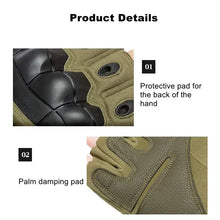 Load image into Gallery viewer, Close-up of tactical military gloves with protective hand and palm pads, showcasing durability and functionality in olive color.
