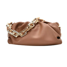 Load image into Gallery viewer, Soft Leather Women&#39;s Cloud Bag with gold chain; elegant brown hobo and shoulder accessory for versatile, luxury fashion.
