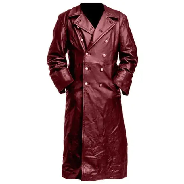 Burgundy vegan leather trench coat with button closure and lapel collar, designed for winter warmth and style.