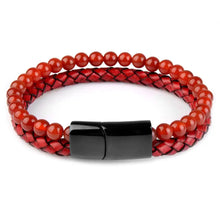 Load image into Gallery viewer, Genuine leather bracelet with natural stone accents, featuring red woven leather and red stone embellishments for a stylish look.
