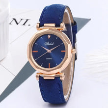 Load image into Gallery viewer, Sleek women&#39;s quartz wristwatch with blue PU leather band and rose gold casing, showcasing elegance and functionality.

