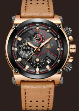 Elegant Lige Watch Edited with intricate black dial and brown leather strap, showcasing precision and sophisticated design