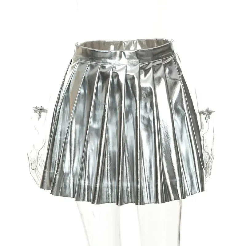 Silver pleated faux leather mini skirt with chic, sophisticated design.