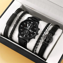 Cargar imagen en el visor de la galería, Men&#39;s luxury watch and bracelet set with black vegan leather and quartz design, includes multiple stylish bracelets, imported.
