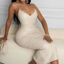 Charger l&#39;image dans la galerie, Plus Size Leather Spaghetti Strap Dress in cream color, perfect for a glamorous night out and enhancing curves with stylish elegance.
