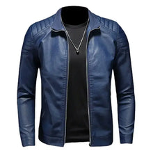 Load image into Gallery viewer, Blue vegan leather motorcycle jacket for men offering style and protection with trendy design. Perfect for all-season rides.
