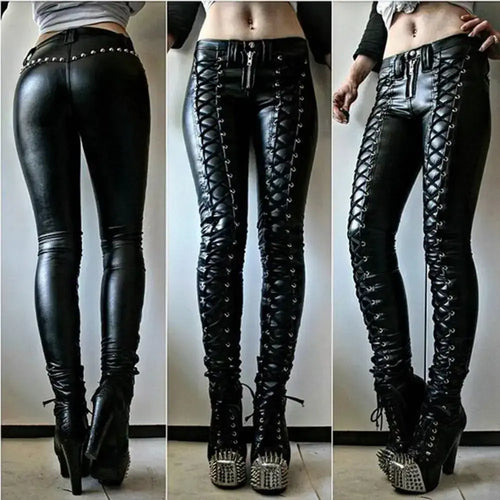 Steampunk Leather Skinny Pants in black vegan leather with lace-up detail, showcasing edgy and fashionable style.