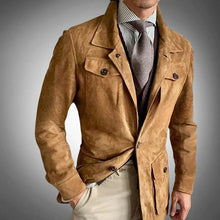 Load image into Gallery viewer, Men&#39;s vegan leather suede jacket, tailored Velvetron suede, sophisticated style, perfect fall fashion, brown imported jacket
