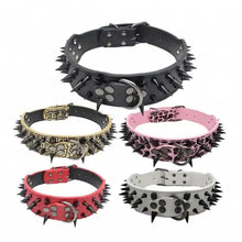 Load image into Gallery viewer, Spiked studded leather pet collars in black, gold, pink, red, and white, offering edgy style and durable construction.
