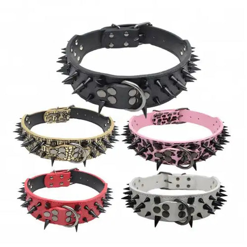 Spiked studded leather pet collars in black, gold, pink, red, and white, offering edgy style and durable construction.