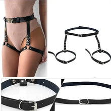Cargar imagen en el visor de la galería, Black leather harness waist belt with garters, shown worn and displayed individually, for fashion-forward style.
