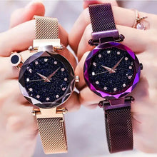 Load image into Gallery viewer, Two luxury women&#39;s diamond watches with sparkling dials and gold and purple mesh straps, showcasing elegance and modern design.
