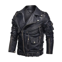 Load image into Gallery viewer, Men&#39;s vegan leather jacket with sleek design and multiple zippers, illustrating modern style and sophistication.
