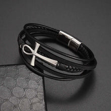 Cargar imagen en el visor de la galería, Classic hand woven multi-layered black vegan leather bracelet with an Ankh charm, perfect for men&#39;s sophisticated style.
