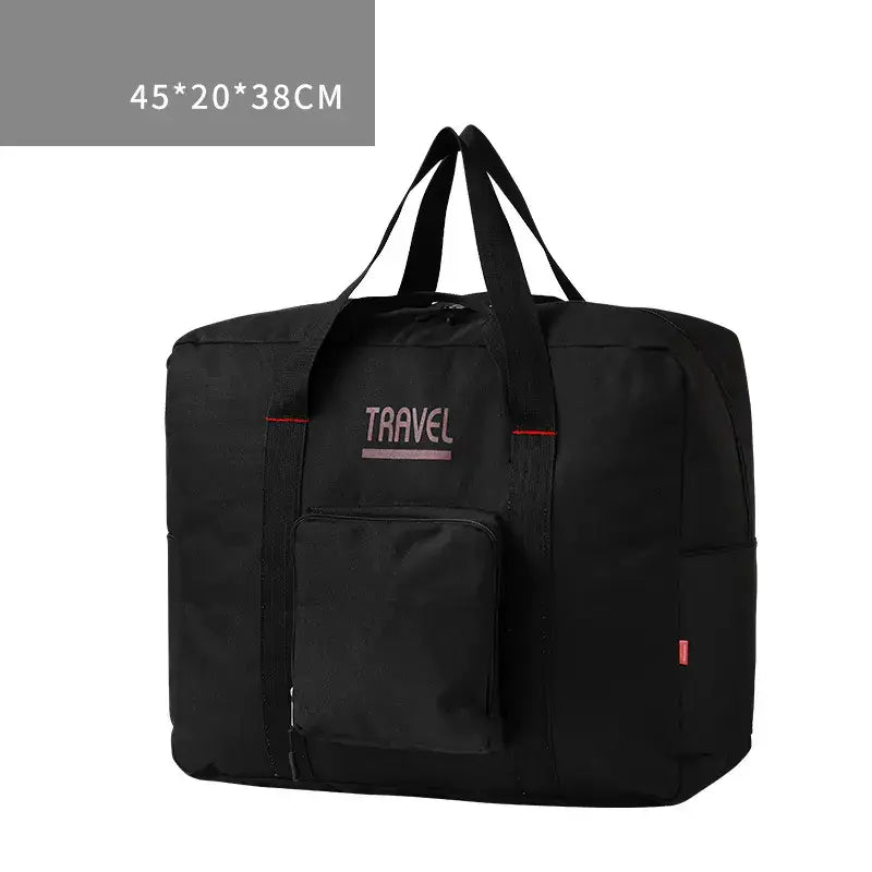 Large capacity black foldable canvas travel bag for men and women, perfect for luggage and storage, shown with dimensions 45x20x38 cm.