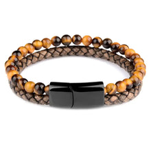 Load image into Gallery viewer, Genuine leather bracelet with natural stone beads and black clasp, elegant and sophisticated accessory for style elevation.
