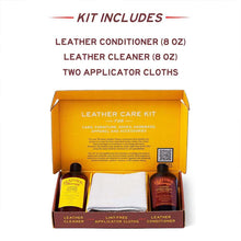 Load image into Gallery viewer, Leather Care Kit with conditioner, cleaner, and cloths for cleaning and conditioning leather goods, including car interiors and furniture.
