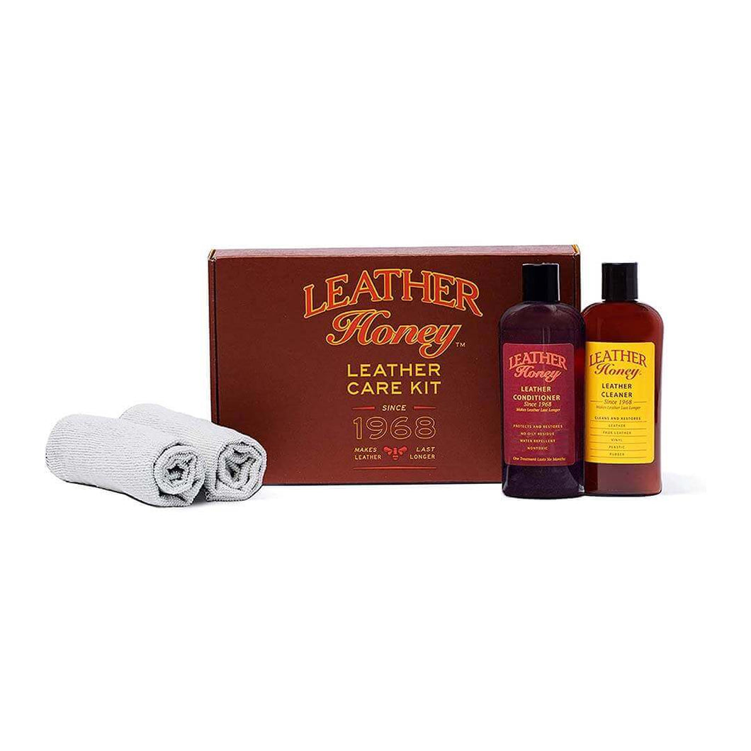 Leather Care Kit with conditioner, cleaner, and cloths for leather maintenance