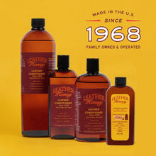 Cargar imagen en el visor de la galería, Assorted Leather Honey conditioner bottles with vintage 1968 logo on a yellow background
