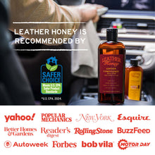 Load image into Gallery viewer, Leather Cleaner by Leather Honey recommended by major publications with Safer Choice certification displayed in car interior.
