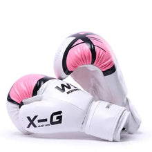 Load image into Gallery viewer, Adults kickboxing gloves in white and pink leather, adjustable wrist strap, breathable design for ultimate comfort and durability.
