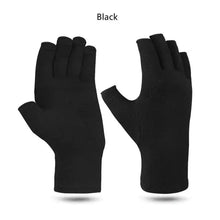 Load image into Gallery viewer, Black compression arthritis gloves offering hand pain relief and joint support, made from soft cotton for comfort and flexibility.
