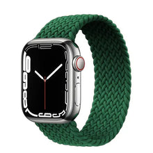 Load image into Gallery viewer, Green nylon stretchable band for Apple Watch, shown on a silver iWatch Series 7.
