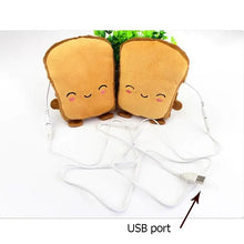Load image into Gallery viewer, Cute USB-powered heated plush hand warmers shaped like toast, perfect for keeping hands warm in winter.
