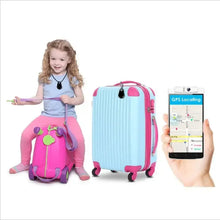 Load image into Gallery viewer, Child with luggage and smartphone showing GPS tracking, showcasing eThings Smart Mini GPS Tracker in use for safety and location.
