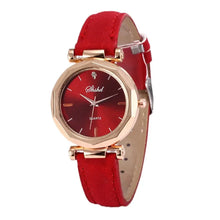 Load image into Gallery viewer, Red vegan leather women&#39;s watch with gold-tone quartz dial, combining stylish design and precise timekeeping for modern fashion.
