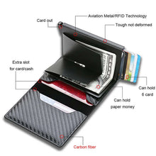 Load image into Gallery viewer, Open view of RFID Black Magic Trifold Leather Wallet showing card slots, cash holder, and RFID protective features.
