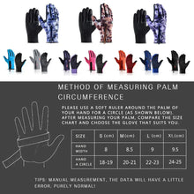 Load image into Gallery viewer, Variety of waterproof outdoor sports gloves with sizing chart and palm measurement guidance.
