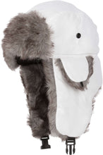 Load image into Gallery viewer, Morgan Unisex Faux Fur Trooper Hat in white with gray faux fur lining, featuring earflaps and buckle closure for winter warmth
