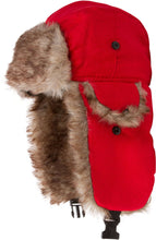 Load image into Gallery viewer, Morgan Unisex Faux Fur Trooper Hat in red, featuring warm faux fur lining, earflaps, and buckle closure for winter weather.
