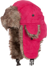 Load image into Gallery viewer, Morgan unisex faux fur trooper hat in vibrant pink with cozy earflaps, ideal for warmth and style in winter. One size fits most.
