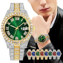 Cargar imagen en el visor de la galería, Luxury Diamond Roman Wrist Watch with green dial and diamond bezel, worn by a model, showcasing elegance and opulence.
