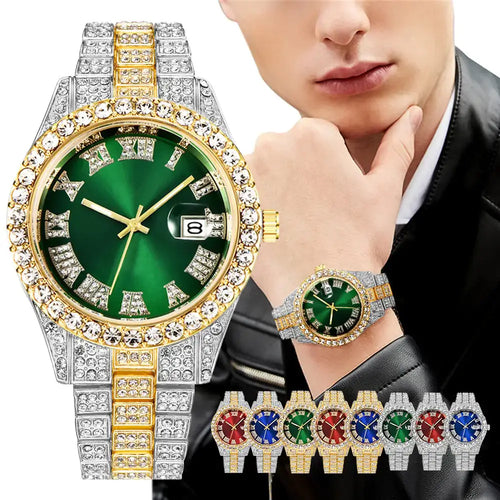 Luxury Diamond Roman Wrist Watch with green dial and diamond bezel, worn by a model, showcasing elegance and opulence.