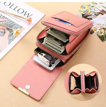 Load image into Gallery viewer, Multi-pocket pink leather wallet filled with cash, cards, and coins, showcasing organized storage for accessories.
