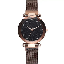 Load image into Gallery viewer, Women&#39;s luxury diamond watch with black dial and rose gold mesh strap, showcasing elegance and precision timekeeping.
