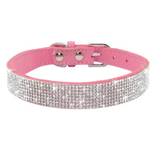 Load image into Gallery viewer, Sparkling pink adjustable leather pet collar with rhinestones for puppies and cats, combining style with comfort.
