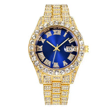 Cargar imagen en el visor de la galería, Gold Diamond Roman Wrist Watch with blue dial and diamond-encrusted bezel, showcasing luxury and elegance.
