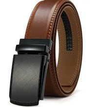 Load image into Gallery viewer, Brown no holes cowhide leather belt with smooth adjustable design, black buckle. Perfect fit for casual or formal outfits.
