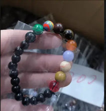 Load image into Gallery viewer, Eight Planets Natural Stone Bracelet featuring Blue Sand Stone, Red Agate, Tiger Eye, Lapis Lazuli, Yellow Jade beads in hand
