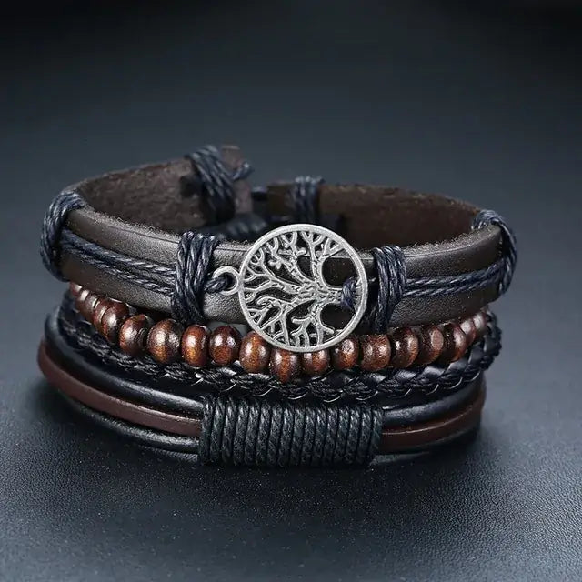 Stylish braided leather bracelet with tree charm and wooden beads, emphasizing craftsmanship and sophistication for a bold look.
