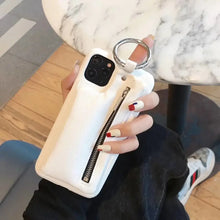 Load image into Gallery viewer, Luxury white PU leather wallet case with zipper for iPhone, showcasing elegant design and practicality with a ring holder.
