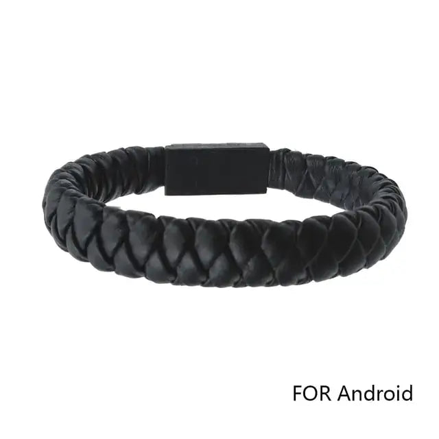 Black vegan leather portable phone data cable bracelet for Android, sleek design, convenient charging and syncing accessory.
