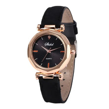 Load image into Gallery viewer, Fashion women&#39;s vegan leather casual watch with rose gold bezel, black face, and quartz movement for accurate timekeeping.
