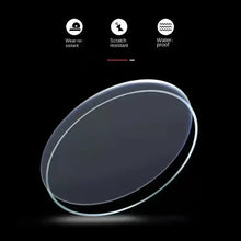 Charger l&#39;image dans la galerie, Watch glass showcasing wear-resistant, scratch-resistant, and waterproof features on a black background.
