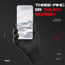 Load image into Gallery viewer, Three-finger touchscreen winter cycling gloves holding a smartphone, showcasing comfort and quality for outdoor sports.
